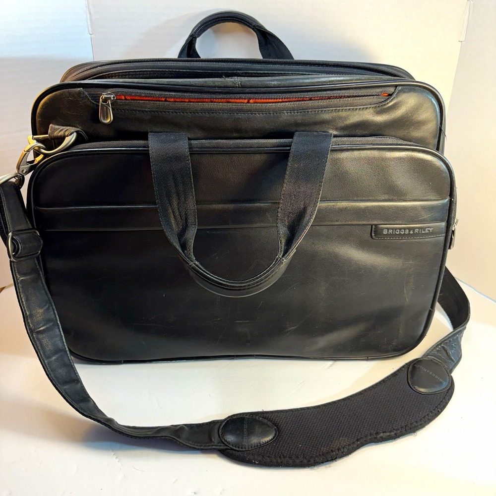 Briggs & Riley 16" Black Leather Business Case Briefcase 05-LB102 Laptop Bag